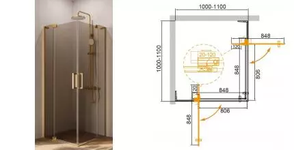 Душевой угол-ограждение «Cezares» SLIDER-A-2-100/110-BR-BORO 110/110 бронза/брашированное золото квадратный без поддона