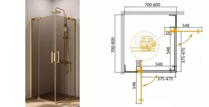 Душевой угол-ограждение «Cezares» SLIDER-A-2-70/80-BR-BORO 80/80 бронза/брашированное золото квадратный без поддона