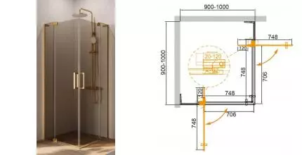 Душевой угол-ограждение «Cezares» SLIDER-A-2-90/100-BR-BORO 100/100 бронза/брашированное золото квадратный без поддона