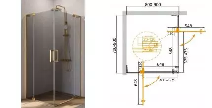 Душевой угол-ограждение «Cezares» SLIDER-AH-2-70/80-80/90-GRIGIO-BORO 80/90 тонированный/брашированное золото прямоугольный без поддона