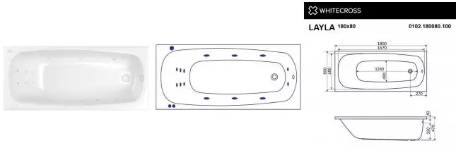 Гидромассажная ванна акриловая «Whitecross» Layla 180/80 Smart с каркасом с сифоном белая