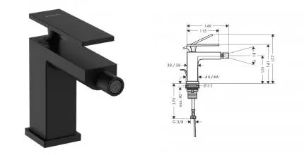 Смеситель для биде «Hansgrohe» Tecturis E 73200670 с донным клапаном чёрный матовый