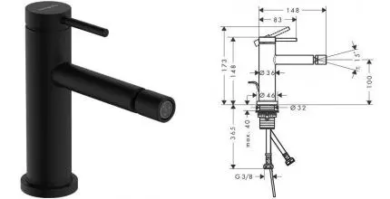 Смеситель для биде «Hansgrohe» Tecturis S 73201670 с донным клапаном чёрный матовый