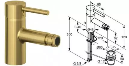 Смеситель для биде «Kludi» Bozz 38533N076 с донным клапаном брашированное золото