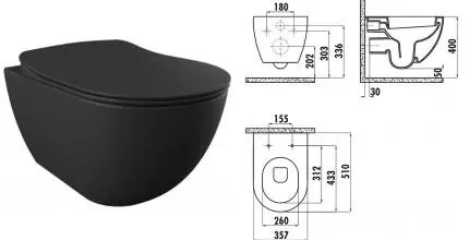 Подвесной унитаз безободковый «Creavit» Free FE320-11SM00E-0000/KC0903.01.1400E чёрный матовый с сиденьем дюропласт с микролифтом чёрное