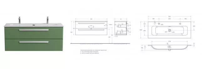 Тумба с раковиной «Cezares» Eco-cer-n 120 (CZR-8073-120-1-2 с двумя отверстиями под смеситель) подвесная Фисташковый Софт